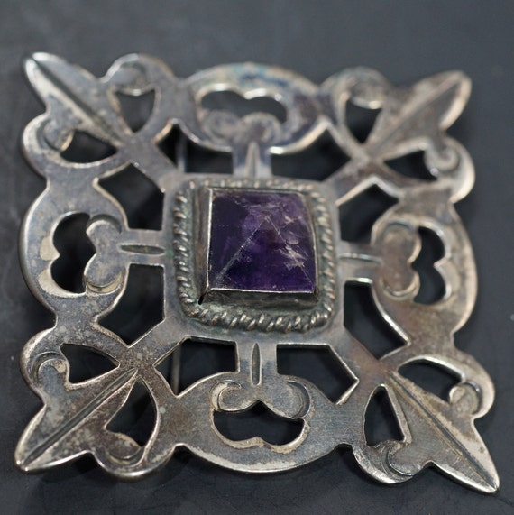 Large Vintage Sterling Silver and Amethyst pin brooch TAXCO 980 Mexico 48 grams