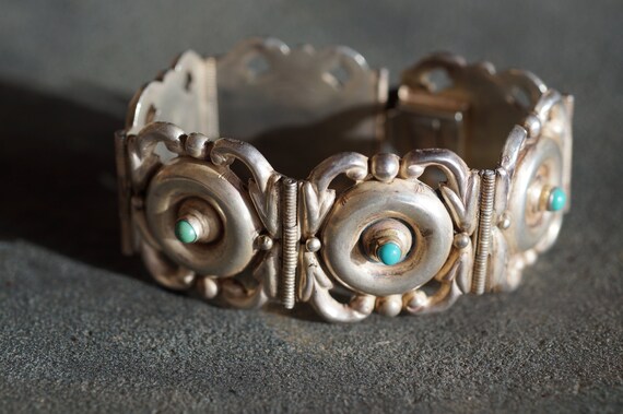 Old Mexico Repousse Sterling Silver Turquoise Pan… - image 1