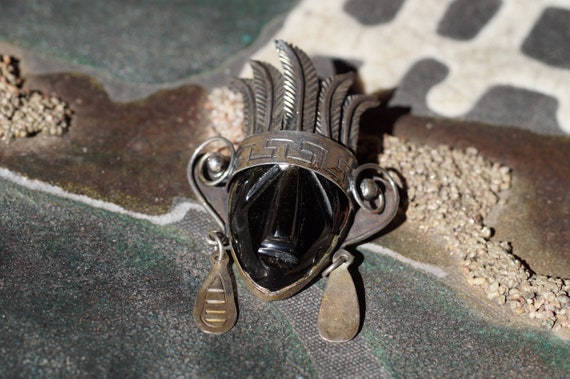 1940's Mexico Onyx Sterling Silver Warrior Mask B… - image 2