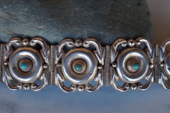 Old Mexico Repousse Sterling Silver Turquoise Pan… - image 5