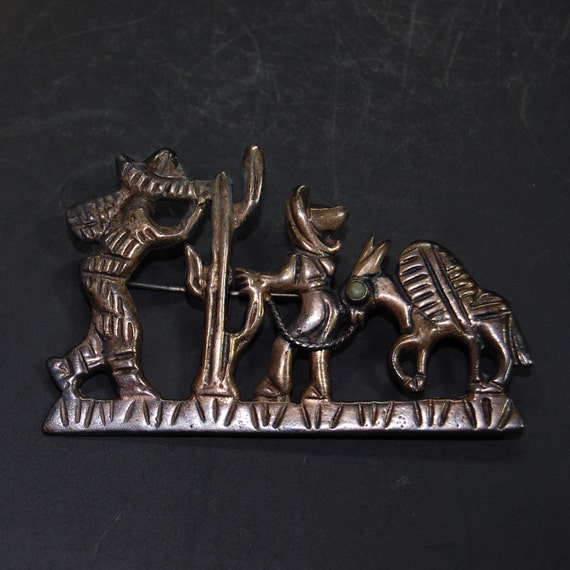 1940's Early Mexico Campesino Scene Brooch with J… - image 2