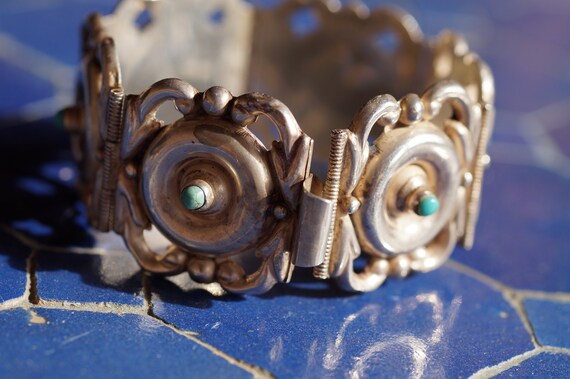 Old Mexico Repousse Sterling Silver Turquoise Pan… - image 2