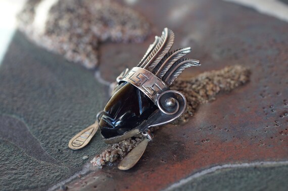 1940's Mexico Onyx Sterling Silver Warrior Mask B… - image 5