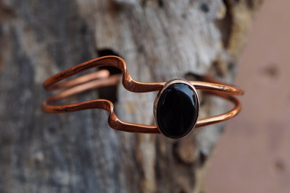 Modernist Black Tourmaline Copper Cuff Bracelet - image 2