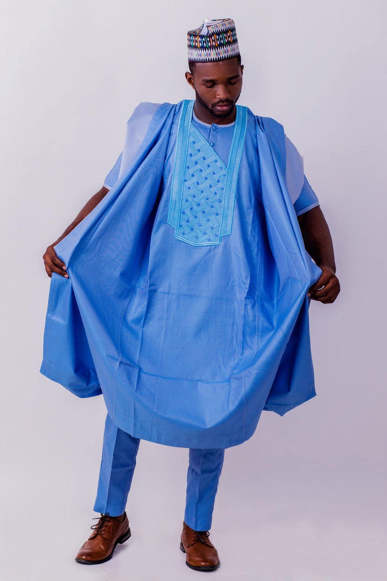 Light Blue Agbada With Turn Up detailing /& Dotted Chest