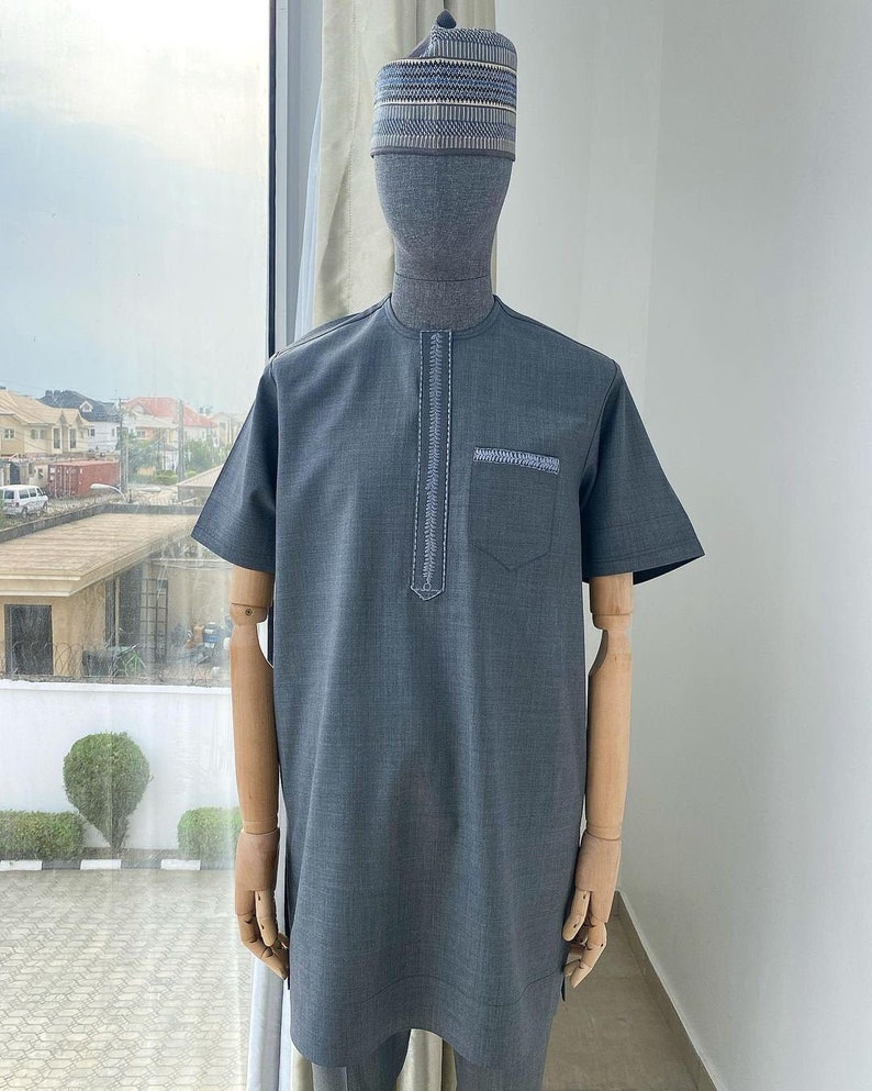 An Irish grey traditional embroidery senator kaftan.
