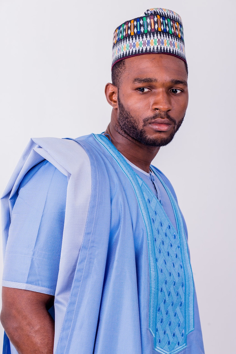 Light Blue Agbada With Turn Up detailing /& Dotted Chest