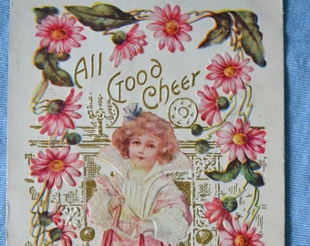 Vintage Embossed Postcard, "All Good Cheer," One-Cent Franklin Stamp