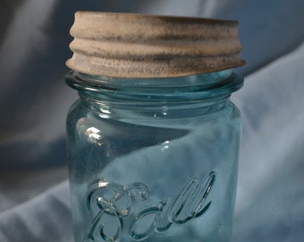 Vintage Ball Mason Jar, Blue Glass Pint Canning Jar, Zinc Ball Lid Lid