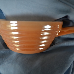 Fire-King Peach Lustre Glass French Casserole, Anchor Hocking Ovenware, One Handle Soup Bowl