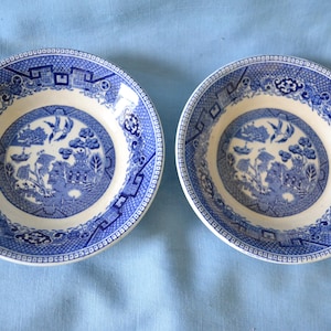 Willow Blue Fruit/Dessert/Sauce Bowls, W. Ridgway & Co., England, Antique Blue Transferware Semi Porcelain, Diamond Stamp, Set of Two
