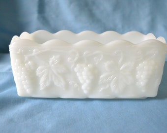 Anchor Hocking Fire King Milk Glass Grapes 8" Window Planter, White Milk Glass