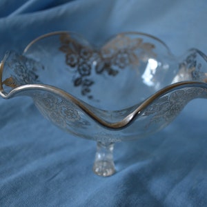 Silver Overlay Footed Glass Bowl, Candy/Nut Bowl, Fluted Silver-Trimmed Rim, Silver Floral Overlay