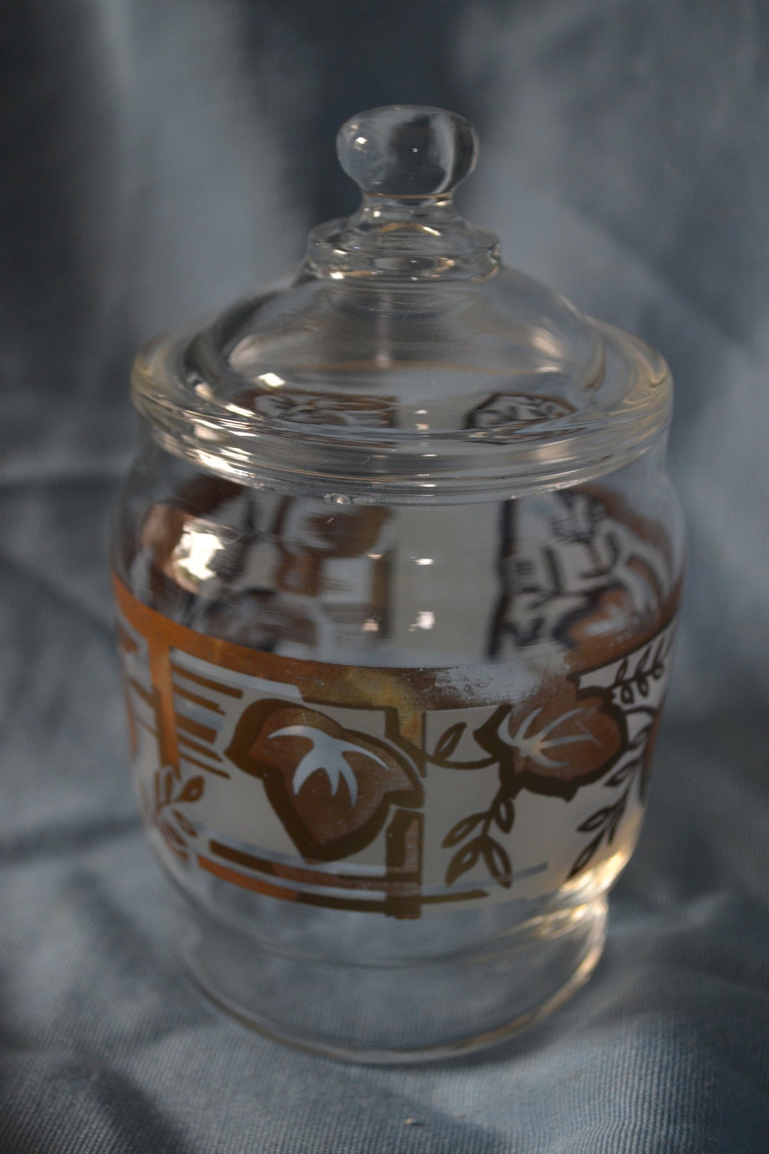Frosted Glass Jar With Gold Leaf Design and Lid, Vintage Condiment Jar