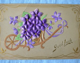 Violets Appliqué Embossed Postcard, "Good Luck," One-Cent Franklin Stamp