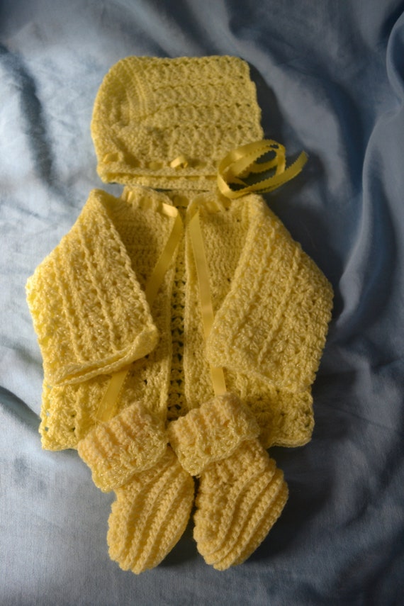 Vintage Hand Crocheted Baby Ensemble, Yellow, Card