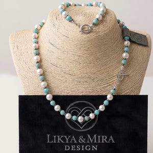Celestial Harmony Pearl, Amazonite And Hematite Necklace and Bracelet Set – Handmade Natural Gemstone Jewelry with Silver Toggle Clasps
