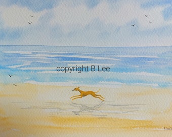 ORIGINAL PAINTING of a Whippet greyhound ...Beach, a Watercolor  Painting