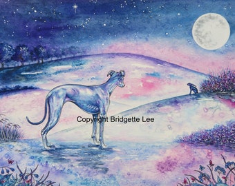 A4 whippet greyhound painting....Midnight Moon...Hare..A Watercolor and Ink Painting