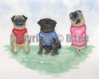 ORIGINAL PAINTING of  Pugs ... a Watercolor Painting