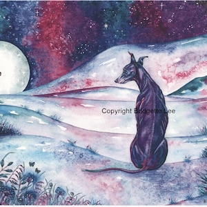 A4 whippet greyhound painting....Full Moon Rising....A Watercolor and Ink Painting