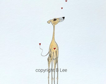 ORIGINAL PAINTING of a Whippet greyhound ...LOVE hearts, a Watercolor and Ink Painting