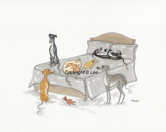 ORIGINAL PAINTING of a Whippet greyhound ....Our Bed, a Watercolor and Ink Painting