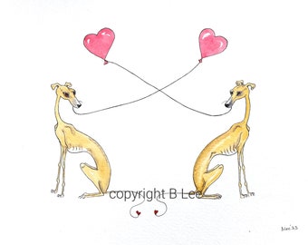 ORIGINAL PAINTING of a Whippet greyhound ...LOVE hearts, a Watercolor and Ink Painting