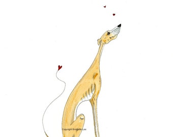 ORIGINAL PAINTING of a Whippet greyhound ...LOVE hearts, a Watercolor and Ink Painting