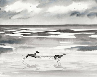 ORIGINAL PAINTING of a Whippet greyhound ...Beach, a Watercolor  Painting