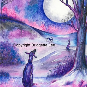 A4 whippet greyhound painting....Gaze at the Moon....A Watercolor and Ink Painting