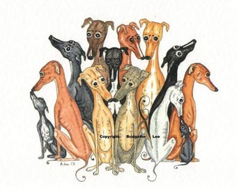 A3 whippet greyhound painting.... A Snuggle of sighthounds...A Watercolor and Ink Painting