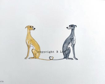 ORIGINALMÅLNING av en Whippet greyhound ... KÄRLEK, en akvarell- och bläckmålning