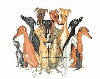 A4 whippet greyhound painting....A Snuggle of Sighthounds ....A Watercolor and Ink Painting/print