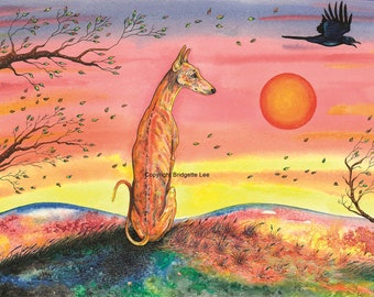 A3 whippet greyhound painting.... Sunrise....A Watercolor and Ink Painting