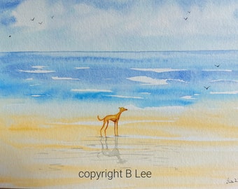 ORIGINAL PAINTING of a Whippet greyhound ...Beach, a Watercolor  Painting