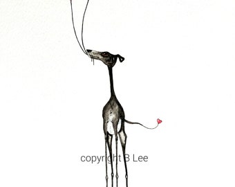 ORIGINAL PAINTING of a Whippet greyhound ...LOVE hearts, a Watercolor and Ink Painting