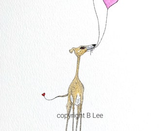 ORIGINAL PAINTING of a Whippet greyhound ...LOVE hearts, a Watercolor and Ink Painting