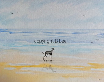 ORIGINAL PAINTING of a Whippet greyhound ...Beach, a Watercolor  Painting