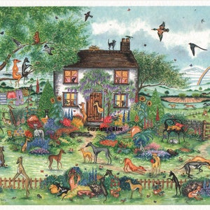 Canine Cottage ein Aquarell und Tinte Malerei zeigt 50 Hunde
