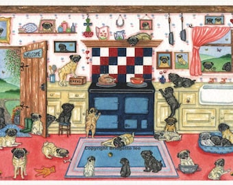 May include: A watercolor painting of a kitchen filled with pugs. The pugs are in various poses, some are sitting, some are standing, and some are even climbing on the cabinets. There is a black and blue stove in the center of the room, and a red and white checkered tile backsplash behind it. The kitchen is decorated with a variety of items, including a welcome sign, a bread box, and a window with a view of a green field. The painting is titled "Copyright Bridgette Lee."