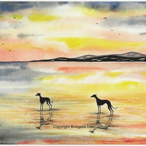 A4 whippet greyhound painting.... Winter sunset....A Watercolor Painting