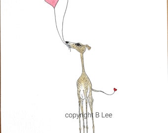 ORIGINAL PAINTING of a Whippet greyhound ...LOVE hearts, a Watercolor and Ink Painting