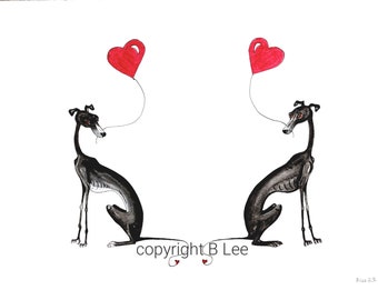 ORIGINAL PAINTING of a Whippet greyhound ...LOVE hearts, a Watercolor and Ink Painting