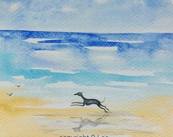 ORIGINAL PAINTING of a Whippet greyhound ...Beach, a Watercolor  Painting