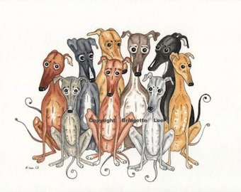 A3 whippet greyhound painting.... A Snuggle of sighthounds...A Watercolor and Ink Painting