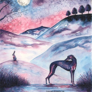 A4 whippet greyhound painting....Moon...Hare..A Watercolor and Ink Painting