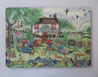 A Placemat printed with my painting....Canine Cottage. with whippets greyshounds luchers italian greyhounds etc