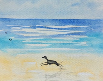 ORIGINAL PAINTING of a Whippet greyhound ...Beach, a Watercolor  Painting