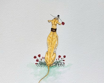 ORIGINAL PAINTING of a Whippet greyhound ...LOVE hearts, a Watercolor and Ink Painting